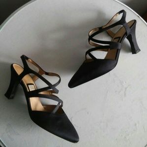 Vtg Strappy Black Satin Heel Nina